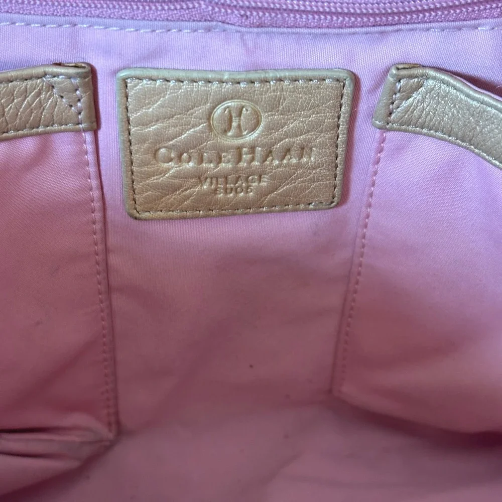 Cole Haan Gold Pebbled Leather Large Hobo Bag Pink Interior‎